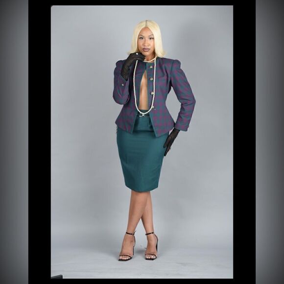 Chic Vintage Green & Pink Blazer Skirt Set by Atrium Collection - Picture 2 of 3